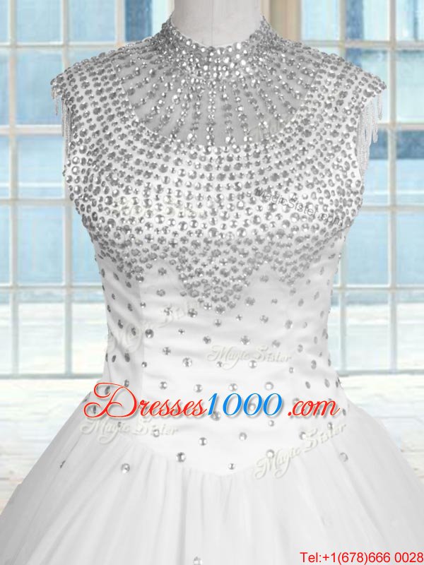 Enchanting White Tulle Zipper High-neck Sleeveless Floor Length 15 Quinceanera Dress Beading
