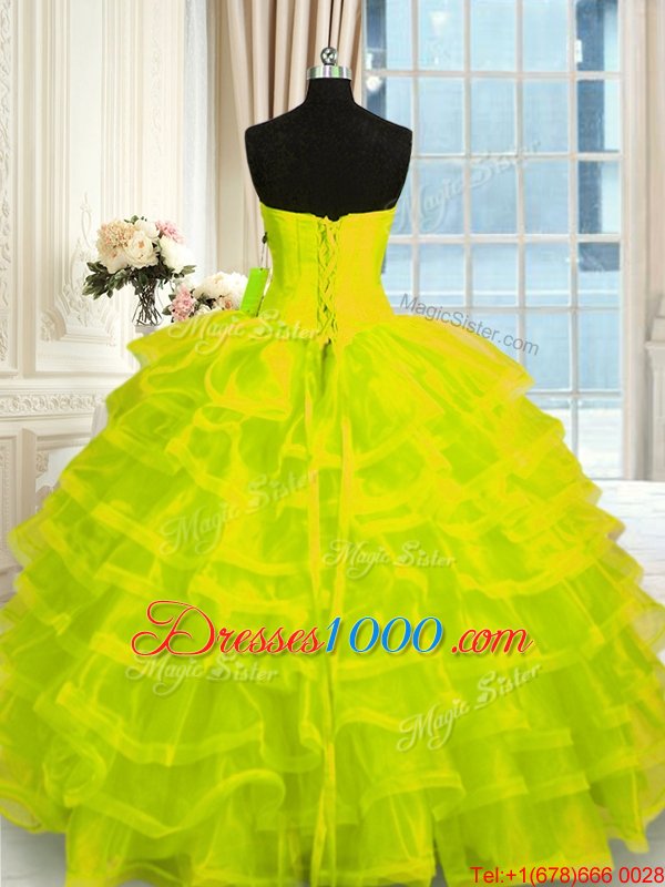Floor Length Yellow Green Quinceanera Dresses Organza Sleeveless Beading and Ruffled Layers