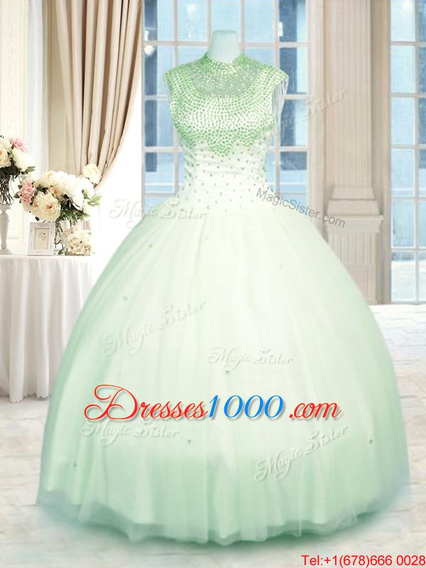 Floor Length Zipper Vestidos de Quinceanera Apple Green and In for Military Ball and Sweet 16 and Quinceanera with Beading