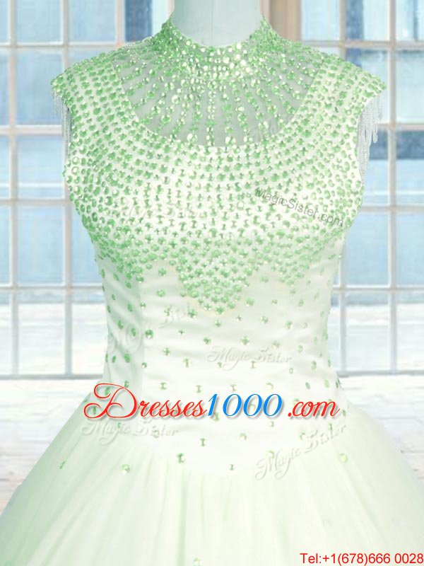 Floor Length Zipper Vestidos de Quinceanera Apple Green and In for Military Ball and Sweet 16 and Quinceanera with Beading