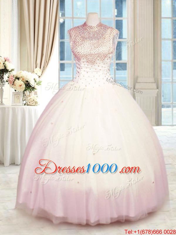 Baby Pink Sleeveless Tulle Zipper Quinceanera Gown for Military Ball and Sweet 16 and Quinceanera