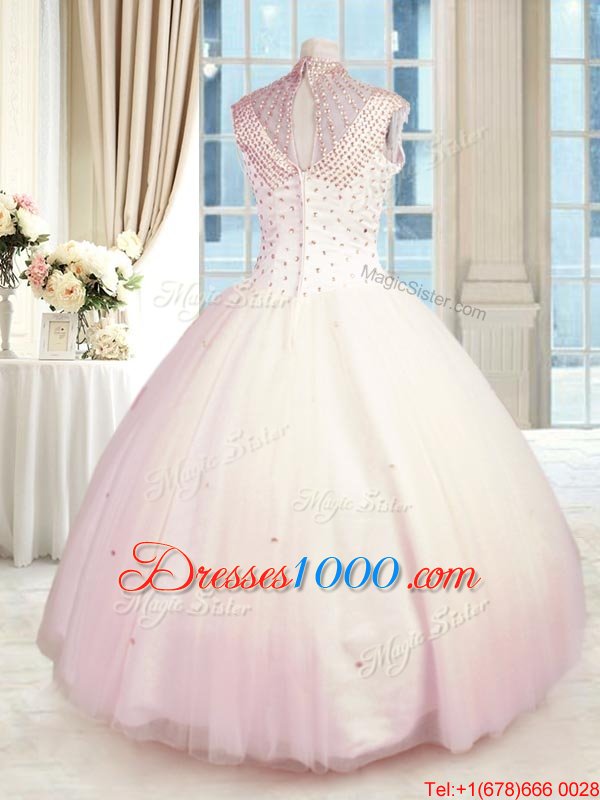 Baby Pink Sleeveless Tulle Zipper Quinceanera Gown for Military Ball and Sweet 16 and Quinceanera