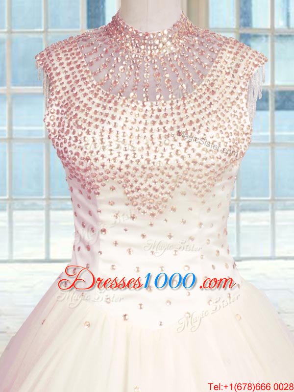 Baby Pink Sleeveless Tulle Zipper Quinceanera Gown for Military Ball and Sweet 16 and Quinceanera