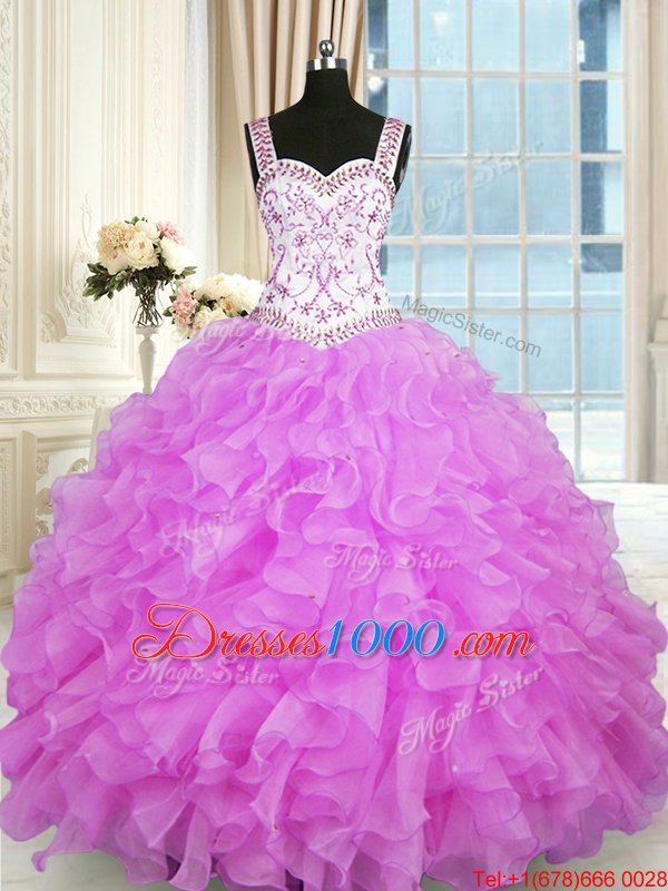 Straps Sleeveless Sweet 16 Dresses Floor Length Beading and Ruffles Lilac Organza
