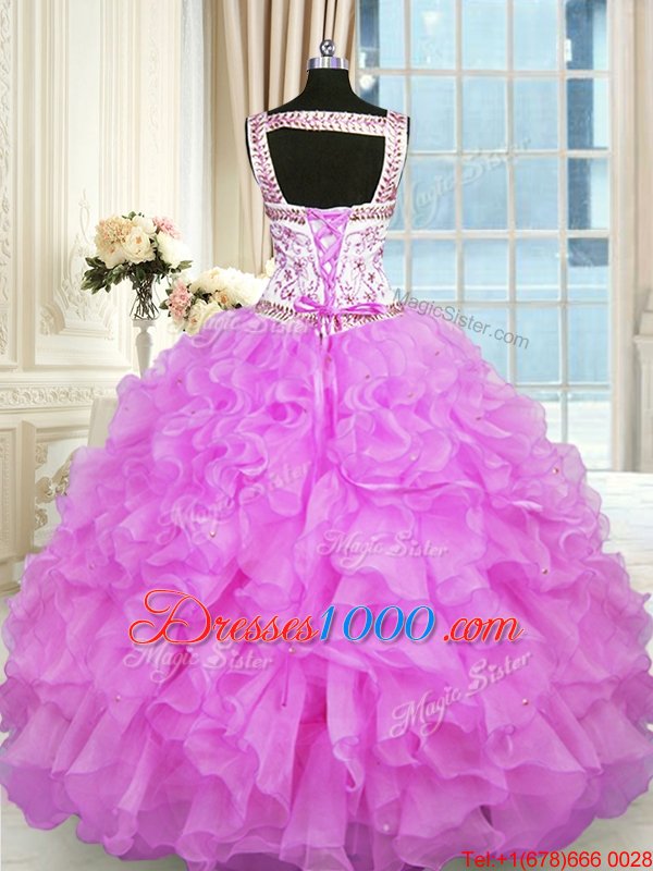 Straps Sleeveless Sweet 16 Dresses Floor Length Beading and Ruffles Lilac Organza