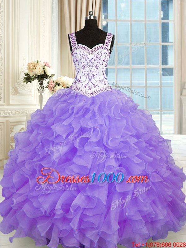 Lavender Sweetheart Neckline Beading and Appliques and Ruffles 15th Birthday Dress Sleeveless Lace Up