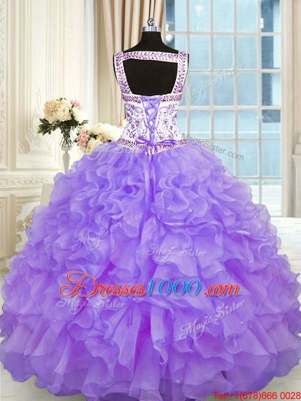 Lavender Sweetheart Neckline Beading and Appliques and Ruffles 15th Birthday Dress Sleeveless Lace Up