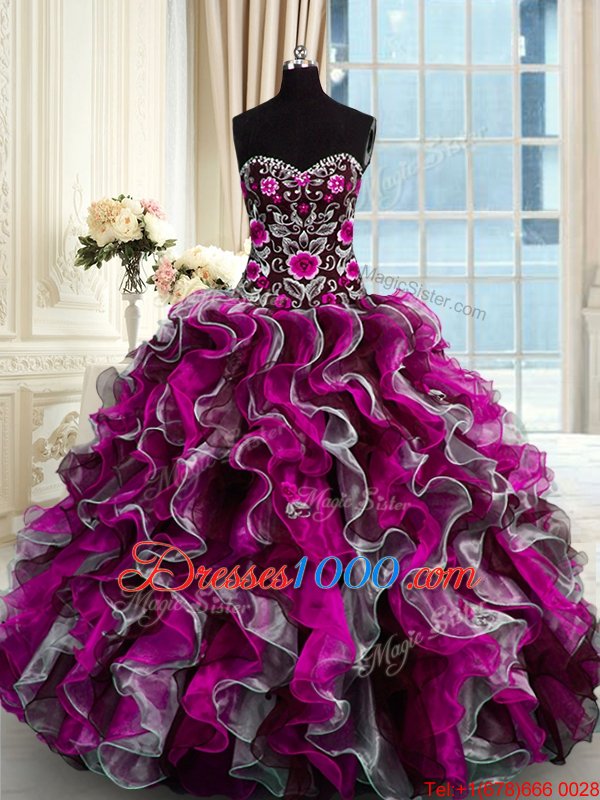 Organza Sleeveless Floor Length Sweet 16 Dress and Beading and Ruffles and Sequins