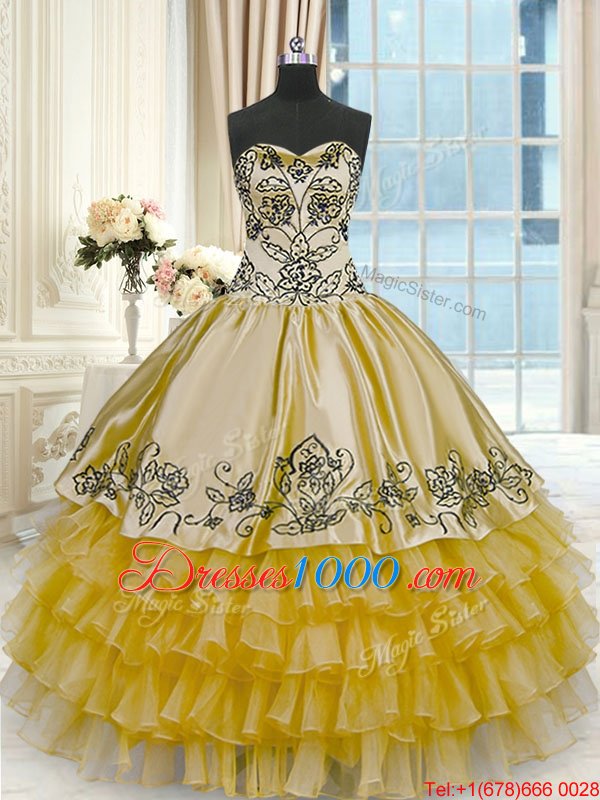 Fashion Gold Ball Gowns Beading and Embroidery and Ruffled Layers Sweet 16 Quinceanera Dress Lace Up Organza and Taffeta Sleeveless Floor Length