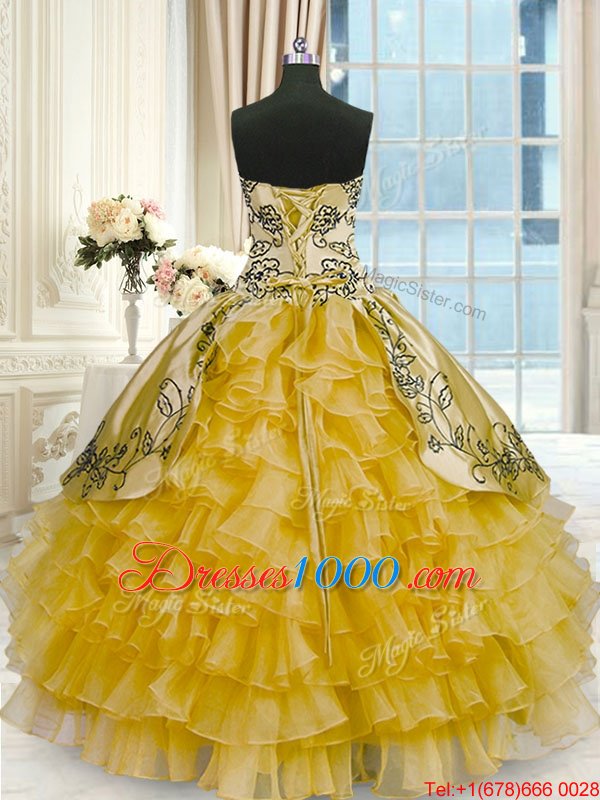 Fashion Gold Ball Gowns Beading and Embroidery and Ruffled Layers Sweet 16 Quinceanera Dress Lace Up Organza and Taffeta Sleeveless Floor Length