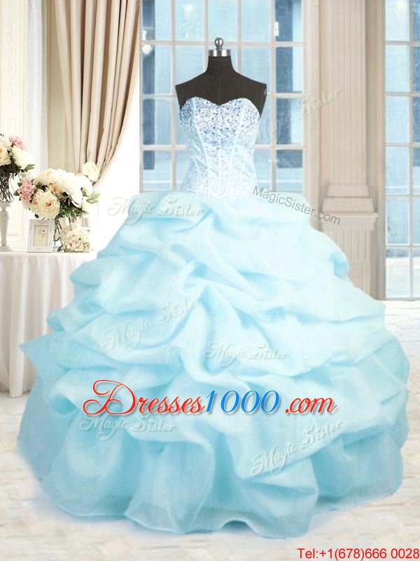 Glorious Baby Blue Sleeveless Organza Lace Up Quinceanera Dresses for Military Ball and Sweet 16 and Quinceanera