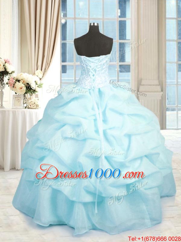 Glorious Baby Blue Sleeveless Organza Lace Up Quinceanera Dresses for Military Ball and Sweet 16 and Quinceanera