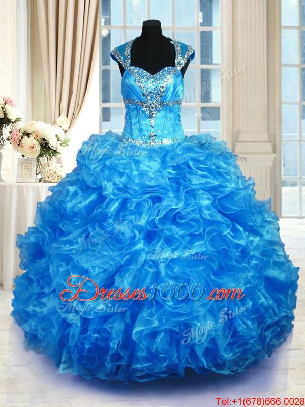 Cap Sleeves Lace Up Floor Length Beading and Ruffles Sweet 16 Dresses
