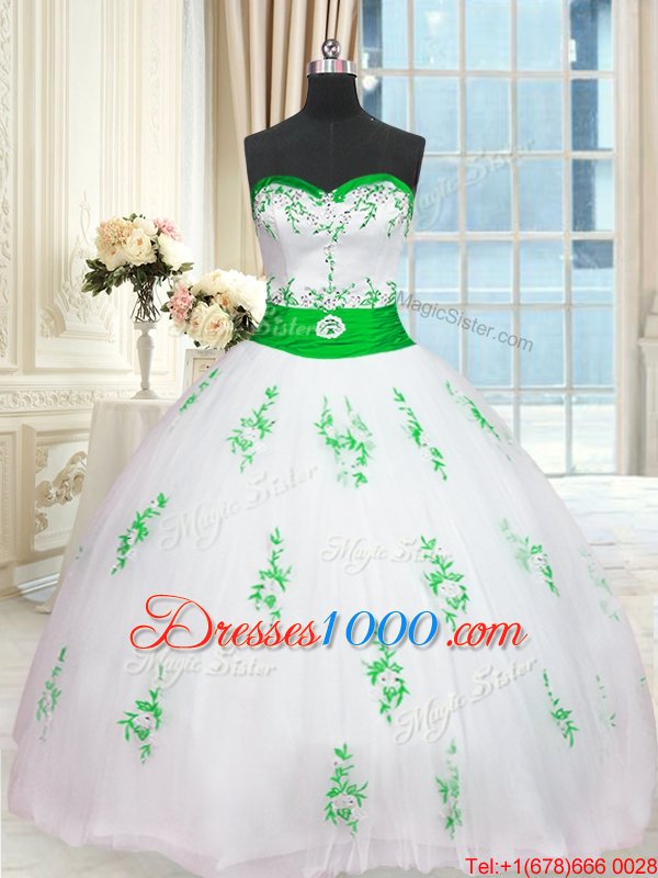 Sumptuous White Quinceanera Gowns Military Ball and Sweet 16 and Quinceanera and For with Appliques and Belt Sweetheart Sleeveless Lace Up