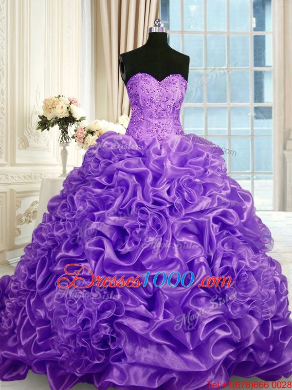 Low Price Lavender Ball Gown Prom Dress Military Ball and Sweet 16 and Quinceanera and For with Beading and Pick Ups Sweetheart Sleeveless Sweep Train Lace Up