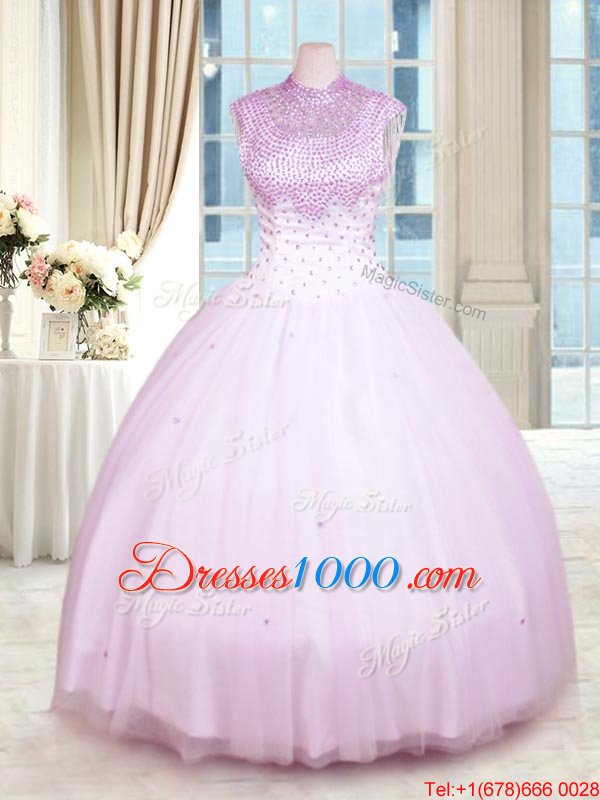 High-neck Sleeveless Zipper Quince Ball Gowns Lilac Tulle