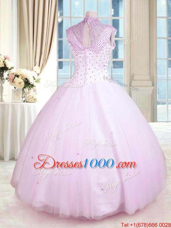 High-neck Sleeveless Zipper Quince Ball Gowns Lilac Tulle