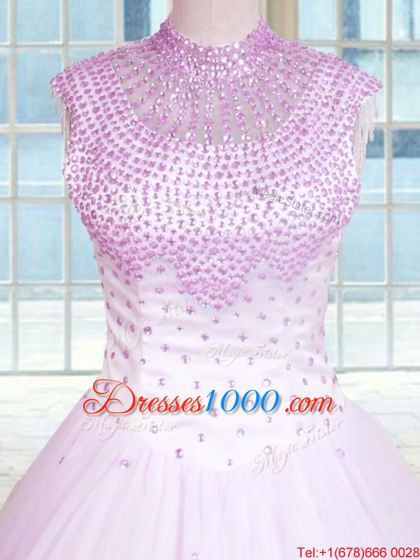 High-neck Sleeveless Zipper Quince Ball Gowns Lilac Tulle