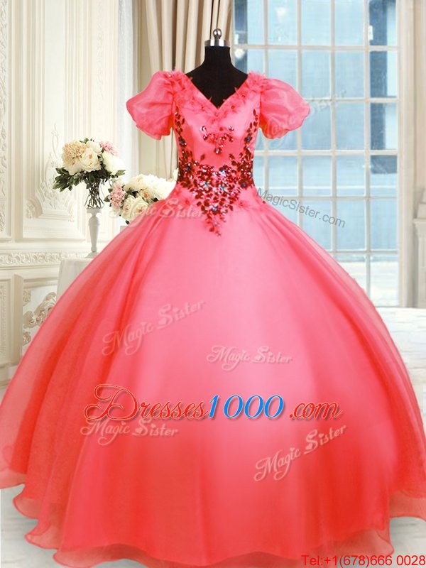 Latest Organza Short Sleeves Floor Length Vestidos de Quinceanera and Appliques