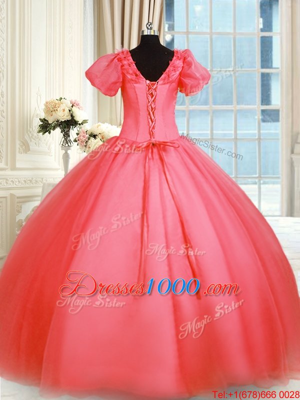 Latest Organza Short Sleeves Floor Length Vestidos de Quinceanera and Appliques