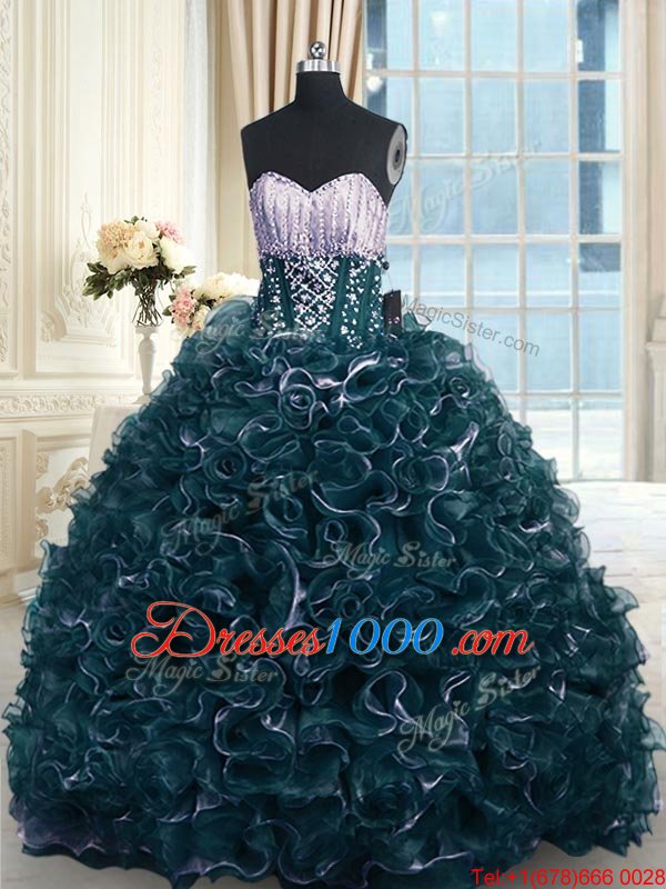 Flare Teal Ball Gowns Sweetheart Sleeveless Organza With Brush Train Lace Up Beading and Ruffles Quinceanera Dresses