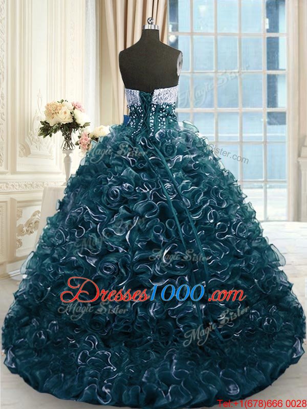 Flare Teal Ball Gowns Sweetheart Sleeveless Organza With Brush Train Lace Up Beading and Ruffles Quinceanera Dresses