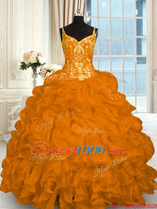 Wonderful Orange Red Lace Up Spaghetti Straps Beading and Ruffles Vestidos de Quinceanera Organza Sleeveless Brush Train