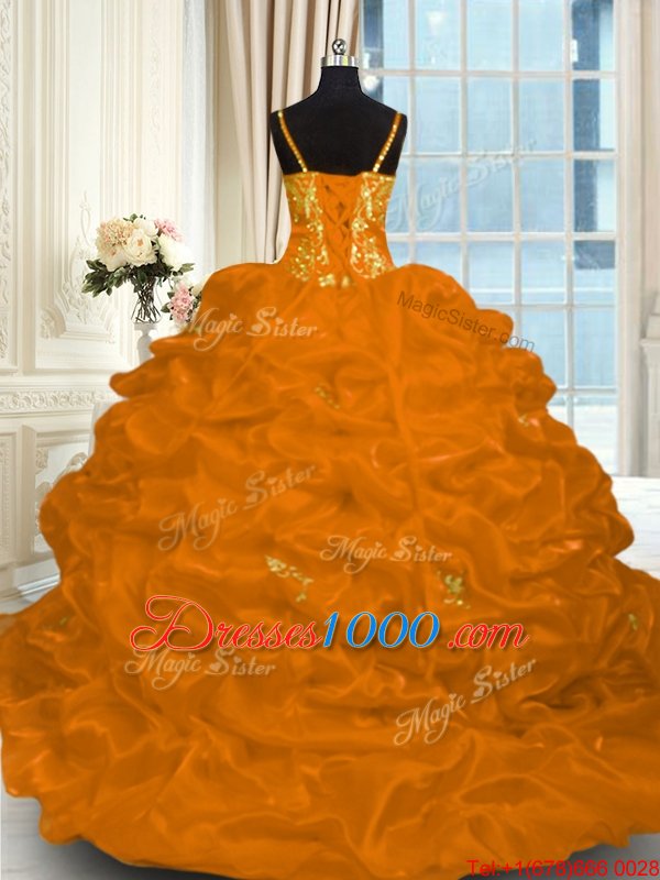 Wonderful Orange Red Lace Up Spaghetti Straps Beading and Ruffles Vestidos de Quinceanera Organza Sleeveless Brush Train