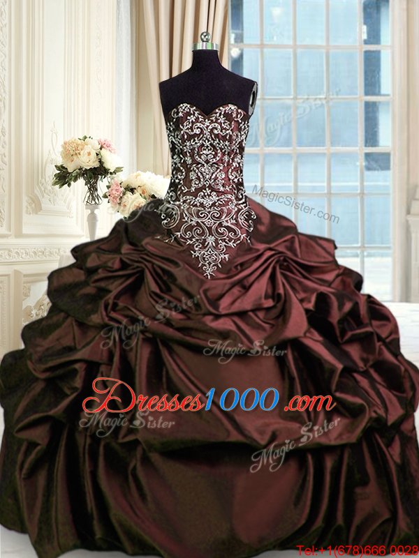 Glorious Sleeveless Taffeta Floor Length Zipper 15th Birthday Dress in Burgundy for with Beading and Embroidery and Pick Ups