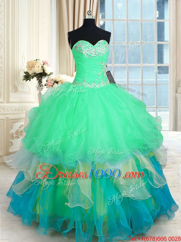 Organza Sweetheart Sleeveless Lace Up Beading and Ruffles Sweet 16 Quinceanera Dress in Multi-color
