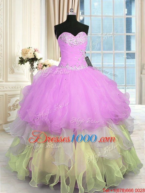 Captivating Floor Length Multi-color Sweet 16 Quinceanera Dress Organza Sleeveless Appliques and Ruffled Layers