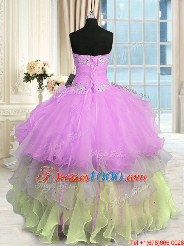 Captivating Floor Length Multi-color Sweet 16 Quinceanera Dress Organza Sleeveless Appliques and Ruffled Layers