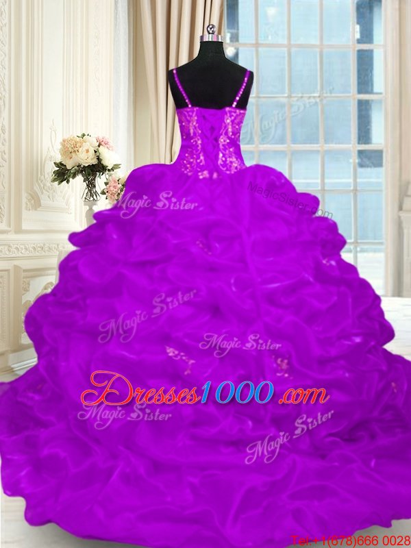Lace Up Sweet 16 Dress Purple and In for Military Ball and Sweet 16 and Quinceanera with Beading and Embroidery and Ruffles Brush Train