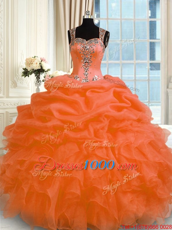 Orange Red Organza Zipper Quinceanera Gown Sleeveless Floor Length Appliques
