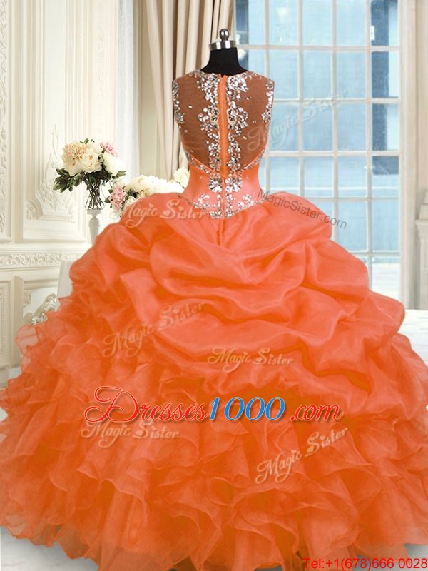 Orange Red Organza Zipper Quinceanera Gown Sleeveless Floor Length Appliques