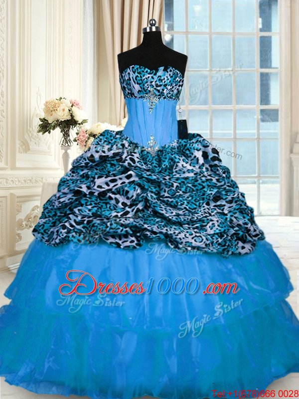 Printed Sleeveless Sweep Train Beading and Ruffled Layers Lace Up 15 Quinceanera Dress