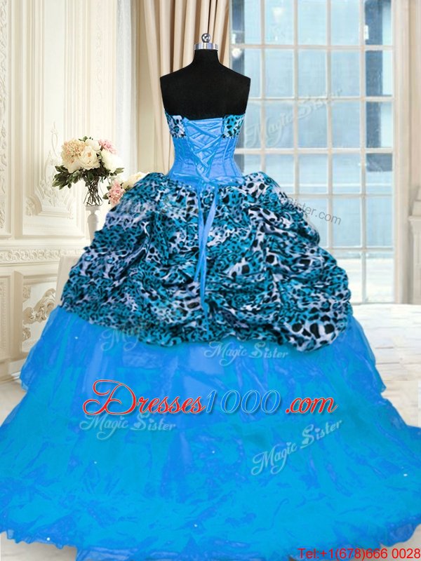 Printed Sleeveless Sweep Train Beading and Ruffled Layers Lace Up 15 Quinceanera Dress
