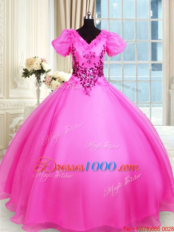 Fancy Ball Gowns Quinceanera Gown Hot Pink V-neck Organza Short Sleeves Floor Length Lace Up