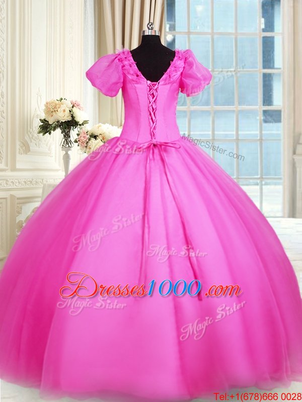 Fancy Ball Gowns Quinceanera Gown Hot Pink V-neck Organza Short Sleeves Floor Length Lace Up