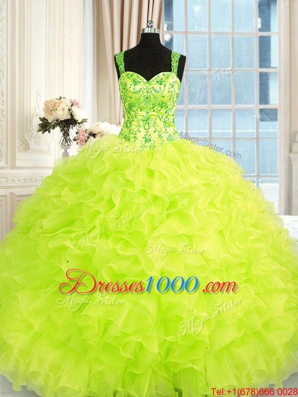 Yellow Green Lace Up Straps Beading and Embroidery and Ruffles Ball Gown Prom Dress Organza Sleeveless