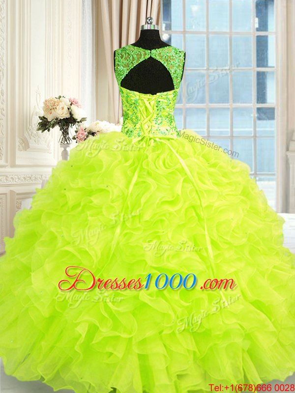 Yellow Green Lace Up Straps Beading and Embroidery and Ruffles Ball Gown Prom Dress Organza Sleeveless