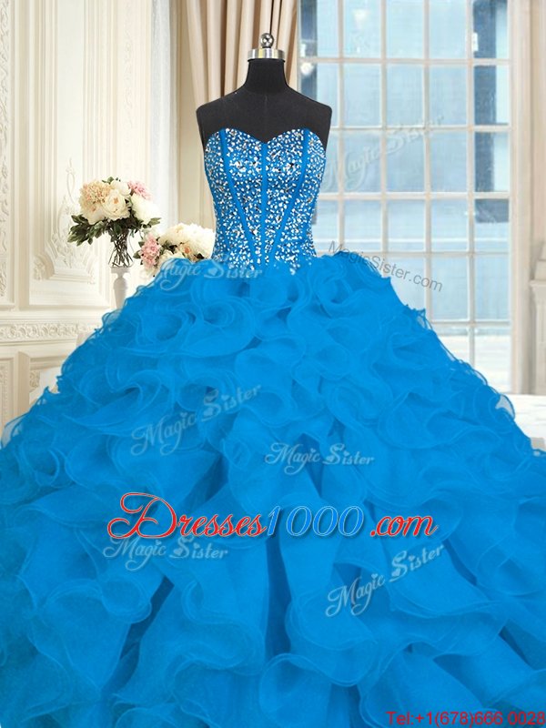 With Train Blue Quinceanera Dresses Organza Brush Train Sleeveless Beading and Ruffles