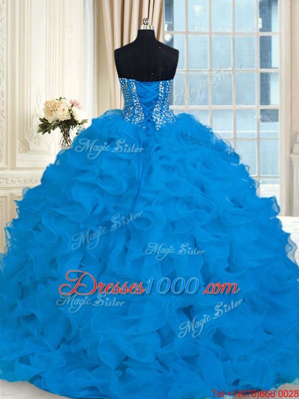 With Train Blue Quinceanera Dresses Organza Brush Train Sleeveless Beading and Ruffles