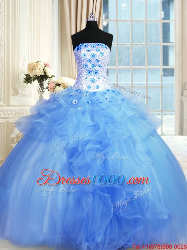 Latest Pick Ups Floor Length Blue Sweet 16 Dresses Strapless Sleeveless Lace Up