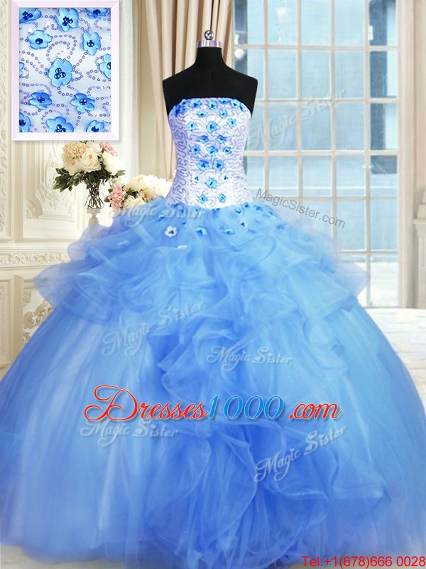 Latest Pick Ups Floor Length Blue Sweet 16 Dresses Strapless Sleeveless Lace Up