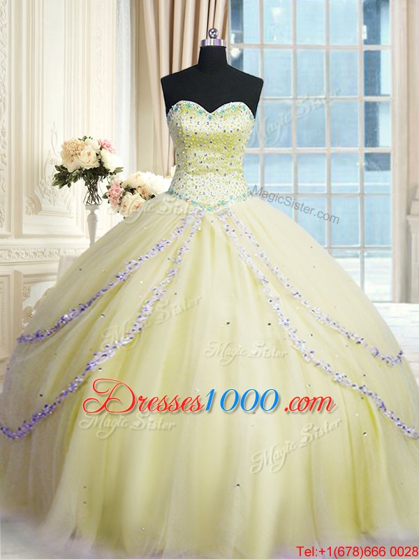 Sweetheart Sleeveless Court Train Lace Up Quinceanera Dresses Light Yellow Organza