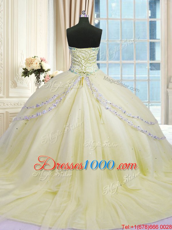 Sweetheart Sleeveless Court Train Lace Up Quinceanera Dresses Light Yellow Organza
