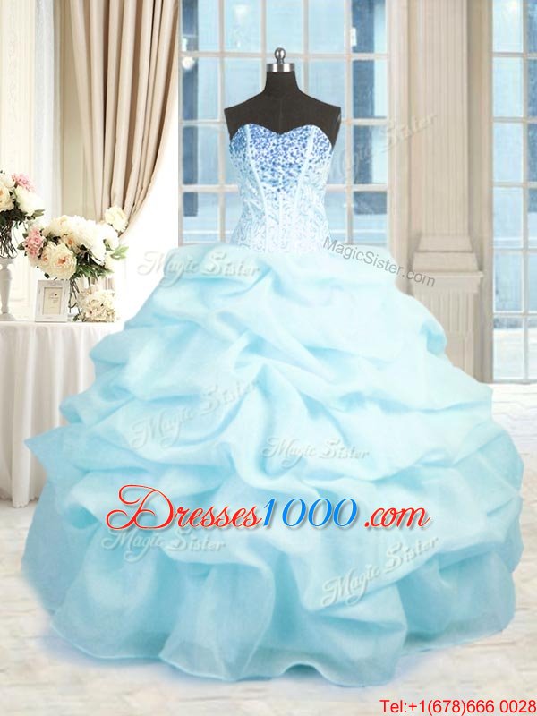 Adorable Sweetheart Sleeveless 15 Quinceanera Dress Floor Length Beading and Ruffles Baby Blue Organza