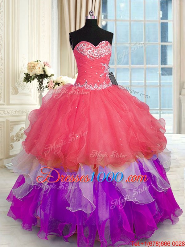 Glittering Multi-color Organza Lace Up Ball Gown Prom Dress Sleeveless Floor Length Beading and Appliques