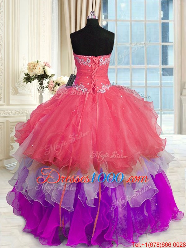 Glittering Multi-color Organza Lace Up Ball Gown Prom Dress Sleeveless Floor Length Beading and Appliques